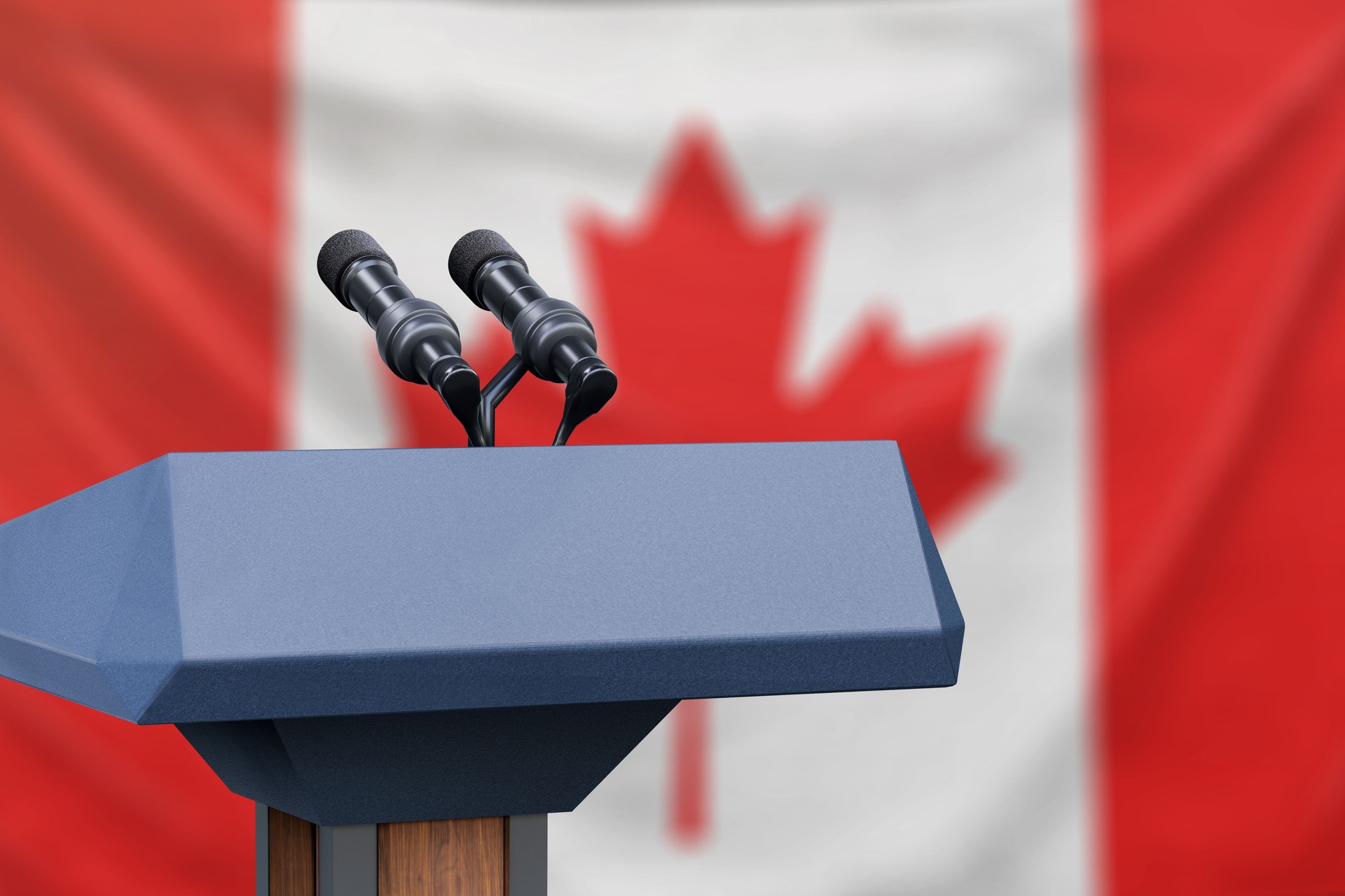 Canada Flag with microphones in the foreground