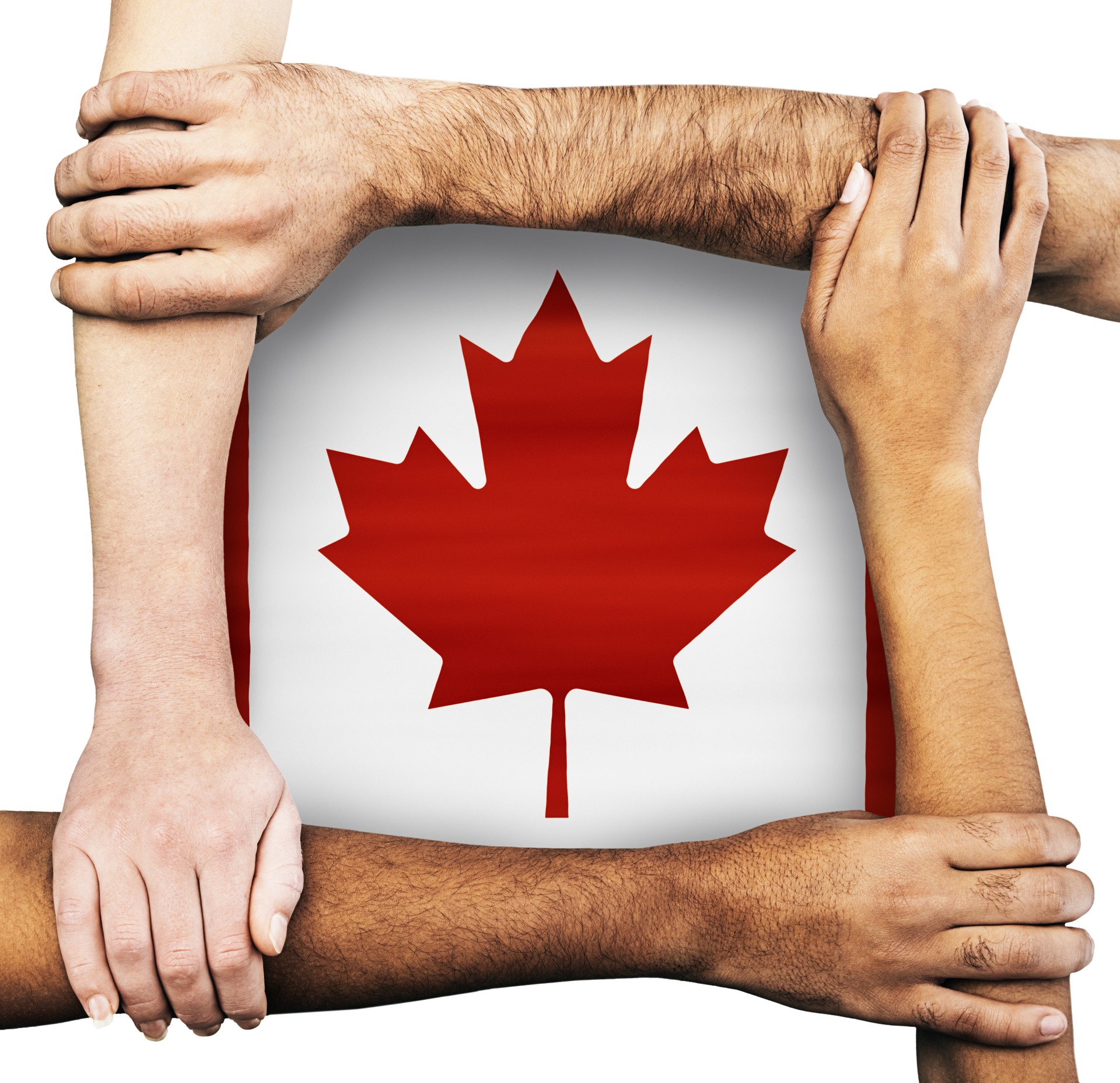 O Canada: diverse group of clasped hands and arms form a frame around the Canadian flag